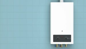 Tankless water heater installation installed in Houston bathroom with aqua tiles