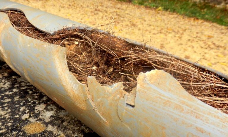 broken sewer pipe full of tree roots needing urgent Houston sewer repair