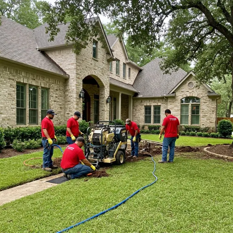 plumbing crew working in beautiful yard for Houston sewer repair